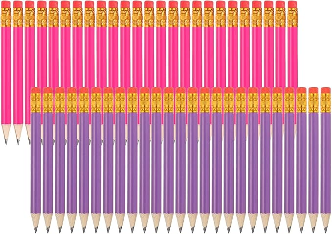 MECCANIXITY Golf Pencils with Erasers, 4" HB Mini Half Pencils Pre Sharpened Small Pens for Wedding Bridal Shower Game Office Writing Drawing(Purple/Rose Red, Pack of 50)