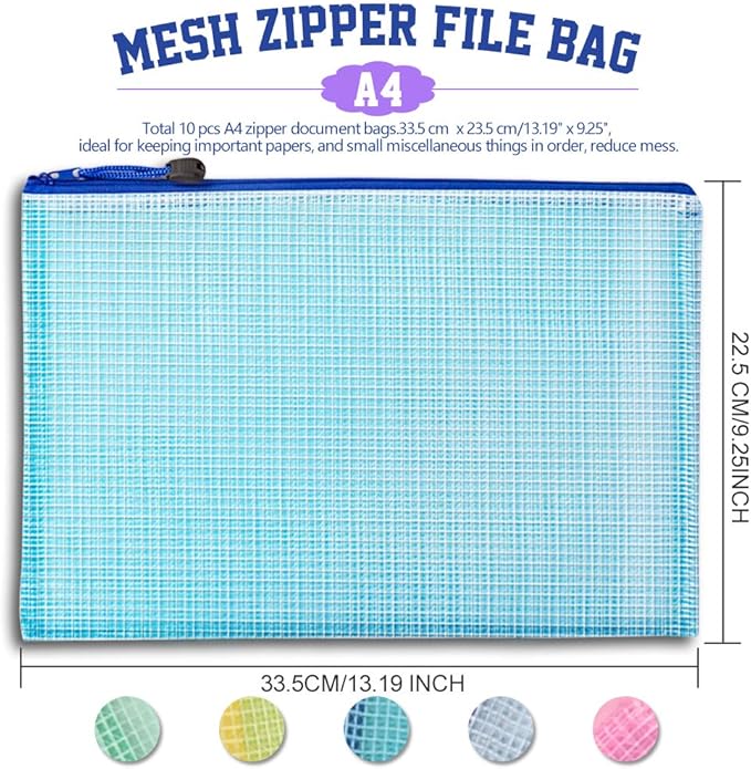LEOBRO Mesh Zipper Pouches Bags, 10PCS Zipper Pouch, A4 Mesh Bags with Zipper, Zipper Pouches for Organization, Storage Bags for School Office Travel Supplies, File Jackets & File Pockets