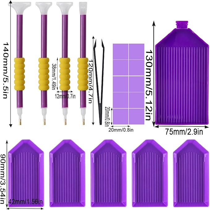 KTCLCATF DIY Diamond Painting Tools and Accessories Kits Multiple Sizes Painting Pens for Adults to Make Diamond Art Craft Tweezers Glue Diamond Correction 28 Girds Storage Box (Purple25PCS)