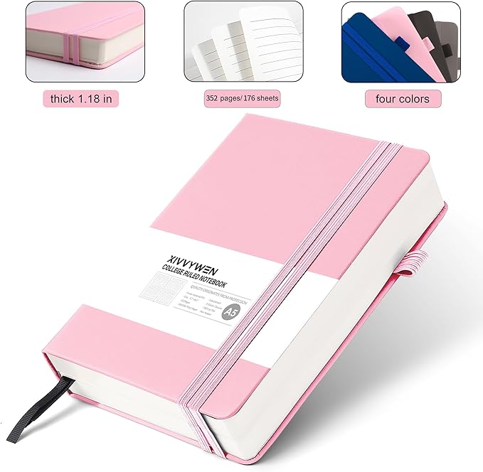 Lined Journal Notebook for Women Men, 352 Pages A5(5.7" x 8.3")College Ruled Hardcover Leather Journals for Writing, Daily Journal Notebooks for Work, Note Taking, Travel, School, Business (Pink)