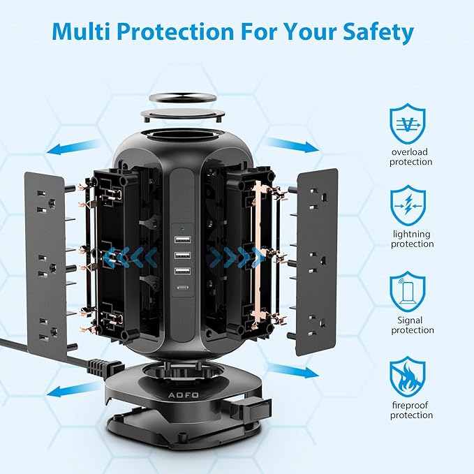 Long Extension Cord 15 ft Power Strip Tower, Surge Protector 12 AC Outlets 4 USB(1 USB C) Ports, Charging Tower Overload Protection with Multiple Outlets for Home Office