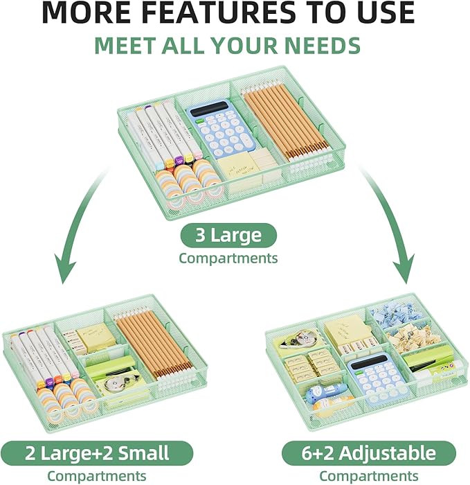 Marbrasse Desk Drawer Organizer, Metal Mesh Drawer Organizer Tray with 5 Adjustable Compartments,Desk Organizers and Accessories for Home,Office,Kitchen,Makeup,Vanity (Green)