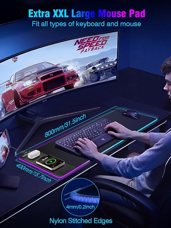 Mouse Pad with Magnetic Wireless Charging, Large Desk Pad Protector, RGB Black Mousepad Desk Mat with 15W Fast Charger, 4mm Thick Non-Slip, Waterproof Laptop Writing Pad for Office, Home, Gaming