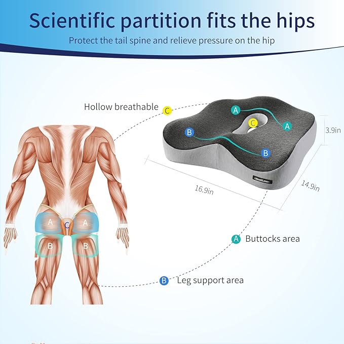 Memory Foam Seat Chair Cushion for Relieves Back Sciatica Pain Tailbone Pain Coccyx Degenerating Disc Orthopedic Osteoarthritis Prostate Cushion Low Back Pain Cushion Hip Shaping (Mixed Colors)