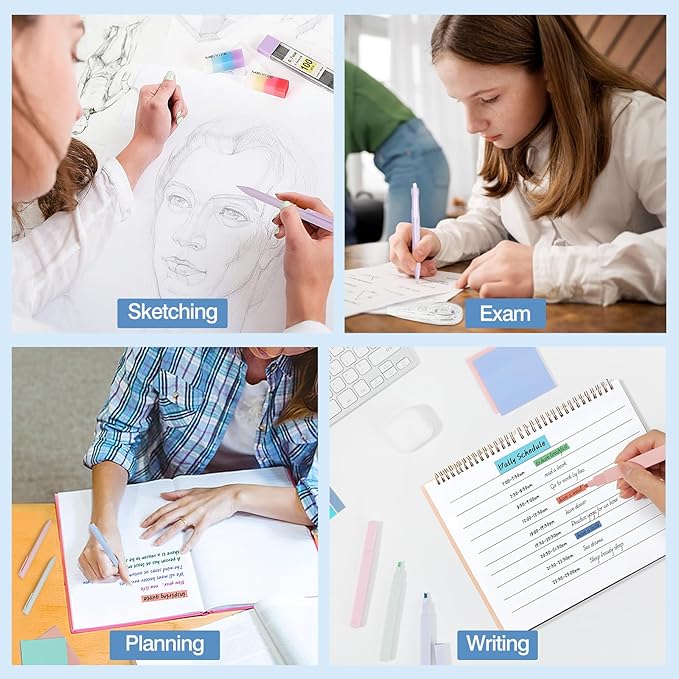 MoKo 56 PCS Aesthetic School Supplies with Pencil Pouch, Cute Stationery Set for Students Office, 12 Gel Pens, 12 Pastel Highlighters, 6 Mechanical Pencils 0.5 & 0.7mm, Sticky Note Index Tab (Pink)