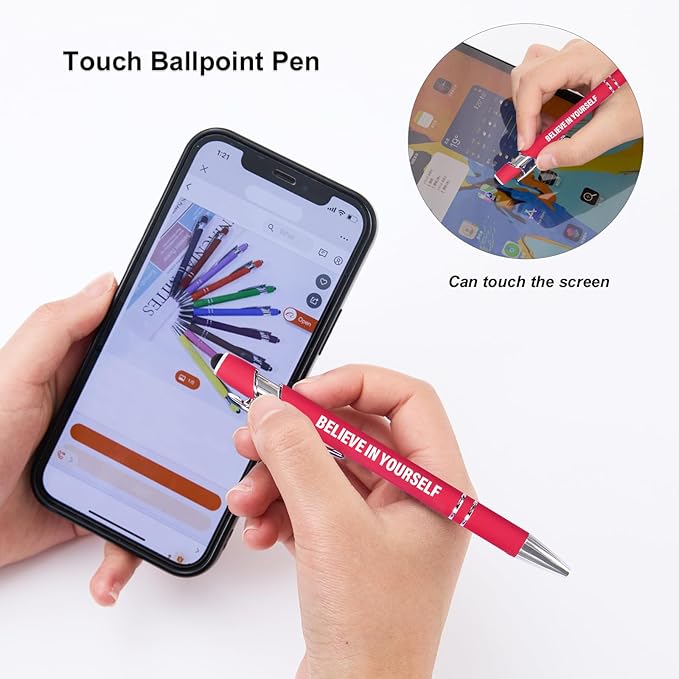 12 Pcs Red Fine Point Ballpoint Pens with Motivational Quotes and Stylus Tips