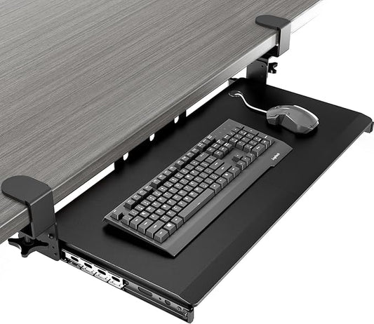 AX WABER Keyboard Tray Under Desk Pull Out with Extra Sturdy Adjustable C Clamp Mount System, 27.3 (32.5 inch Including Clamps) x 11 Inch Slide-Out Platform Computer Drawer for Typing, Black,AX01WB01
