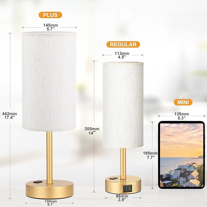Fenmzee Touch Table Lamp - Cream, 3-Way Dimmable, USB A + C Charging, AC Outlet, 17.4inch Medium, Gold Metal Base