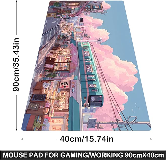 Nuxovilar Professional Large Mouse Pad & Computer Game Mouse Mat (35.4x15.7IN, Pastel Cartoon Town Art) (90 * 40cm Pastel Cartoon Town)