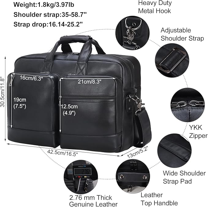 Leather Briefcase for Men Expandable Large 17 Inch Laptop Crossbody Shoulder Bag Business Travel Duffel Attache Case