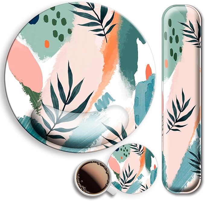 Mouse Pad and Keyboard Wrist Rest Support, with Non-Slip PU Base,Gel Mouse Pad with Coaster,Pain Relief for Gaming, Computer,Office -Sun Leaves 2