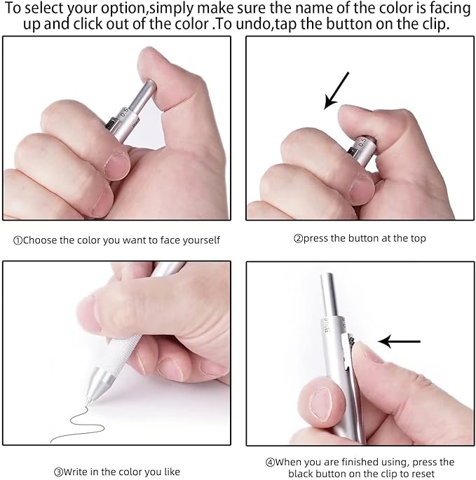 4 in 1 Multi Function Refillable and Retractable Multi Color Pen,Black Red Blue Ballpoint Pen and 0.7mm Multicolor Pencil, Multicolor Pen Gift for Journaling (Silver)