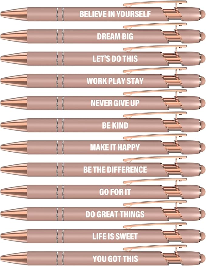 Funny Pens, 12 Pcs Rose Gold Fine Point Smooth Writing Pens, Inspirational Stylus Ballpoint Pens with Screens Touch Stylus Tips, Black Ink 1.0 Mm Gift Office Desk Accessories