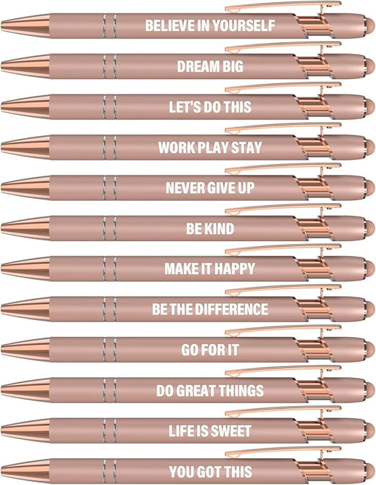 Funny Pens, 12 Pcs Rose Gold Fine Point Smooth Writing Pens, Inspirational Stylus Ballpoint Pens with Screens Touch Stylus Tips, Black Ink 1.0 Mm Gift Office Desk Accessories