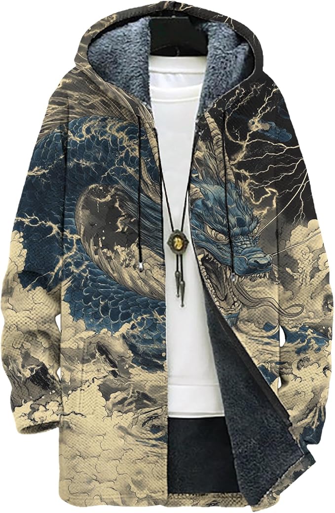 MARSVOVO Mens Cardigan Sweater Cool Graphic Lined Fleece Long Coat Zip With Pockets Fashion Coat Warm Fitted Jacket