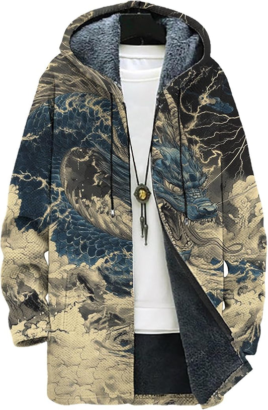 MARSVOVO Mens Cardigan Sweater Cool Graphic Lined Fleece Long Coat Zip With Pockets Fashion Coat Warm Fitted Jacket