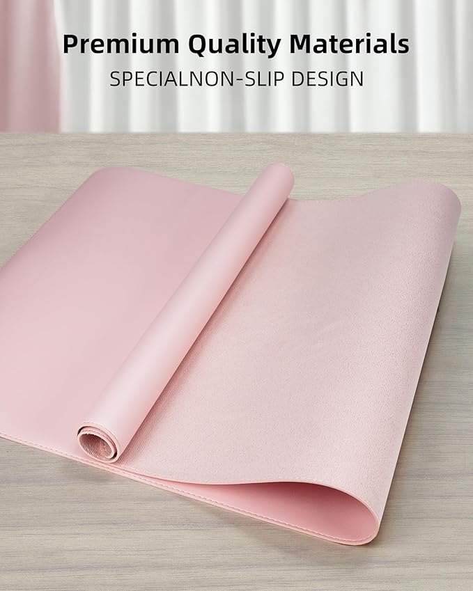 Leather Desk Pad Protector - 48 x 24" Computer Mat, Large Mouse Pad, Non-Slip, Waterproof PU Leather Blotter, Desk Cover for Office and Home (Light Pink)