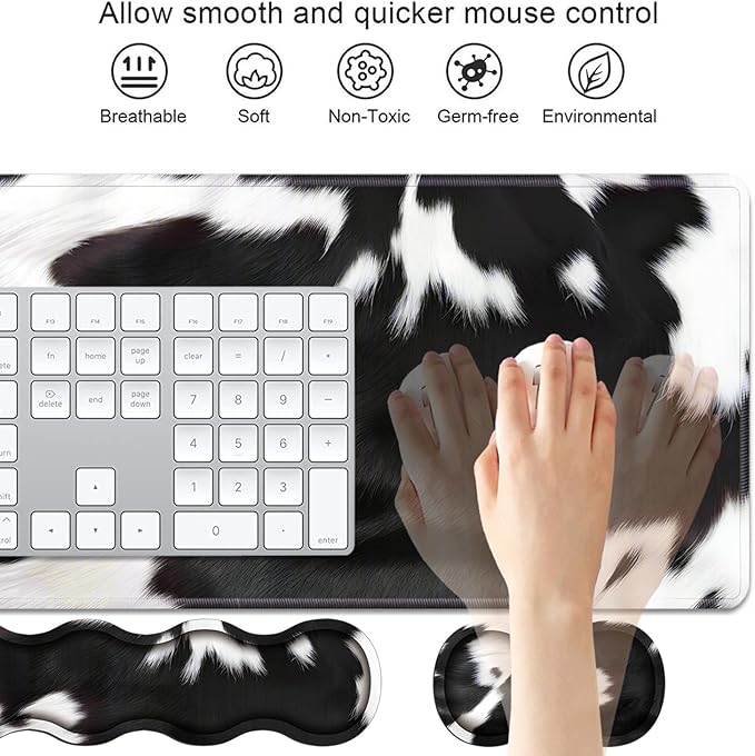 4 in 1 Ergonomic Keyboard Wrist Rest & Mouse Pad Wrist Rest Set, Large XXL Gaming Desk Mat 31.5"x 11.8" with Non-Slip Base, Memory Foam for Home Office Study Gaming, Black and White Cow Print