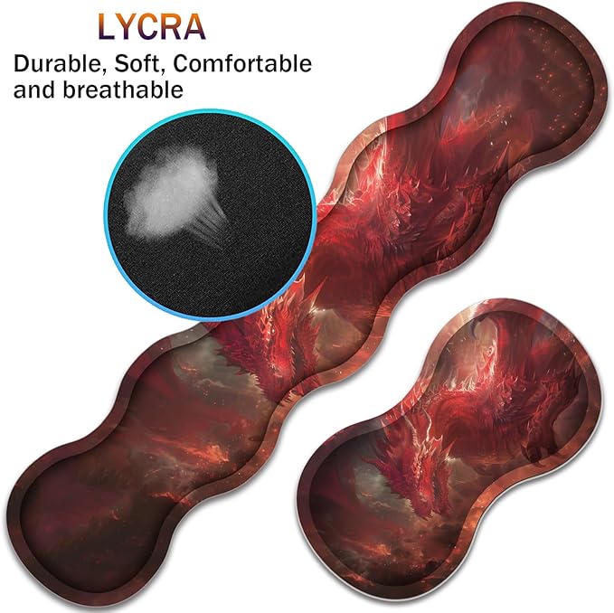 Large XXL Gaming Desk Mat 31.5"x 11.8", Ergonomic Keyboard Wrist Rest & Mouse Pad Wrist Rest + Coaster Set, Non-Slip Base, Memory Foam, Office and Home, Red Dragon