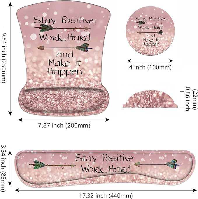 Mouse Pad Wrist Support and Keyboard Wrist Rest Set with Coasters, Inspirational Quote Stay Positive Work Hard and Make It Happen Wrist Mouse Pad with Non-Slip PU Base for Home Office Working Studying