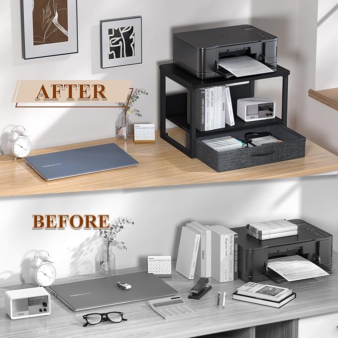 MARTY Printer Stand with Storage Drawer for Desk, 2-Tier Desktop Printer Stand Shelf Organzier for Home Office Printer Riser Under Desk Small Printer Table for Fax Machine Copier Scanner (Black)