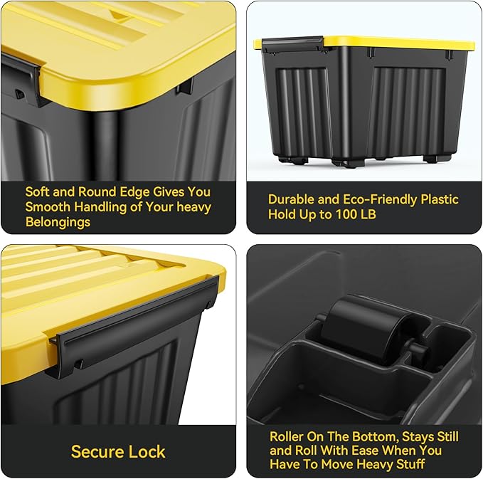 Nazhura 97 Quart Plastic Storage Bin, Stackable and Nestable Storage Boxes with Yellow Lids and Secure Latching Buckles, Large Storage Container (Black/Yellow, 97Quart-4Pack)