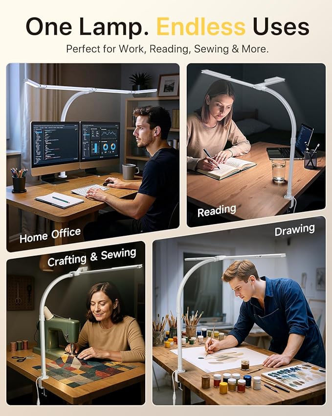 ONEMIX 42" LED Desk Lamp with Clamp, Architect Desk Light with Remote, Adjustable 4-Segment Bar, 1800LM Bright, Eye-Caring Desk Lamp for Home Office, Reading, Study, Dual Monitors, Workbench (White)