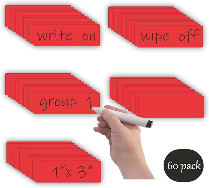 Magnetic Labels Dry Erase (1x3,Pack of 60),Write On Magnets(Red)