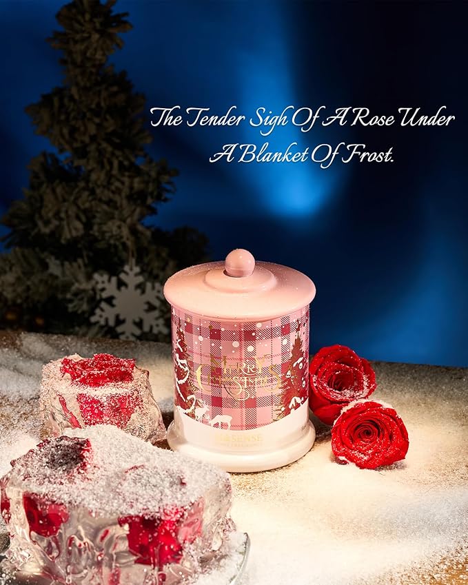 M&SENSE Winter Candles Frosted Rose Scented, 12.7oz 75 Hours Clean Burn, Non Toxic Soy Wax 2 Wick, Luxury Christmas Holiday Gifts for Women, Decorative Jar Candles for Home