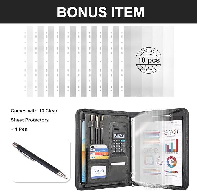 Leathario Portfolio Binder, 3-Ring Folder Organizer, Includes 5 Sheet Protectors and a Pen, Vegan Leather A4 Padfolio for Tablets, Business Conferences Professional Document Organizer, Office Supplies