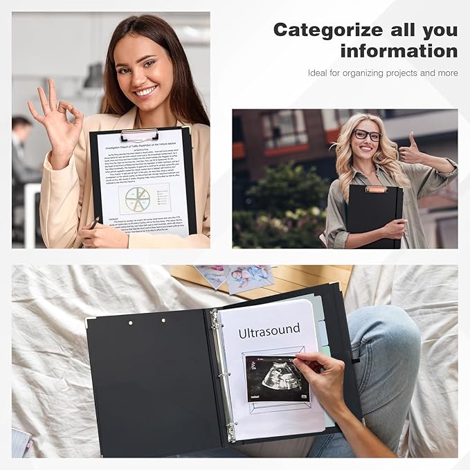 Ospelelf 3 Ring Binder 1 Inch, Clipboard Binders for Letter Size Documents (11" x 8.5") with 5 Tab Dividers, File Folder Labels, Black Organizer for School and Office Supplies