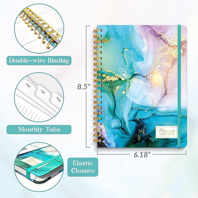 Lonely Oak Academic Planner 2025-2026, Daily Weekly and Monthly Calendar Planner 6.18" x 8.5" with Tabs, Spiral School Year A5 Agenda from JUL.2025 to JUN.2026 for Student and Teacher (Cyan Marble)