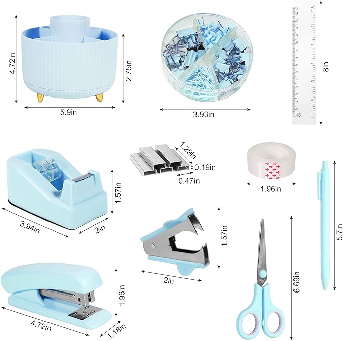 Desk Organizers and Accessories Set with 360-Degree Rotating Pen Holder, Tape Dispenser, Stapler, Staple Remover, 1000 Staples, Tape, Clips Set, Ruler, Scissor, Pen