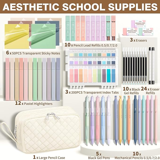 62PCS Aesthetic School Supplies with Cute Pencil Case, Pastel Highlighters Black Ink Gel Pens Mechanical Pencils Kit, Back to School Supplies College Essentials Preppy Stationary Set for Student Girls