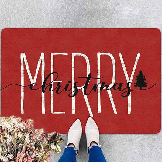 Merry Christmas Doormat Red Funny Text Door mat Outdoor Entrance Christmas Festival Carpet for Outside Entrance Or Porch Entry Entrance Decoration, 16" x 24" Inch