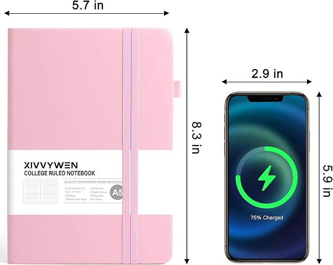 Lined Journal Notebook for Women Men, 352 Pages A5(5.7" x 8.3")College Ruled Hardcover Leather Journals for Writing, Daily Journal Notebooks for Work, Note Taking, Travel, School, Business (Pink)