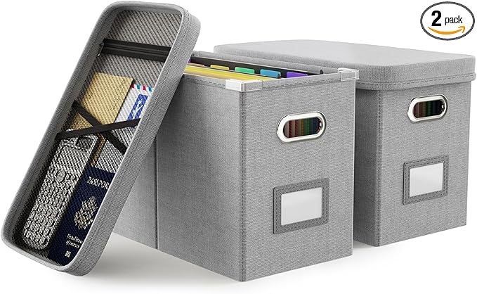 Oterri Hanging Filing File Box with Mesh Pocket, File Organizer Box with Lid, Collapsible Document Organizer Box for Letter Size, Easy Slide Durable Storage Box for Office/Decor/Home (2 PCS, Grey)