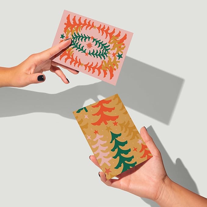 Ritzy Rose 24-Pack Retro Christmas Greeting Cards with White Envelopes – 4 Boho Scandinavian Inspired Designs – Vintage Holiday Tree Motifs, Festive Artistic Stationery, Premium Box Set Holiday Cards.