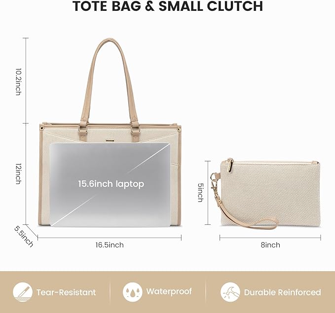 LOVEVOOK Laptop Bag for Women, 15.6 inch Laptop Tote Work Teacher Bags Cancas Computer Shoulder Bag,Canvas/Apricot Beige