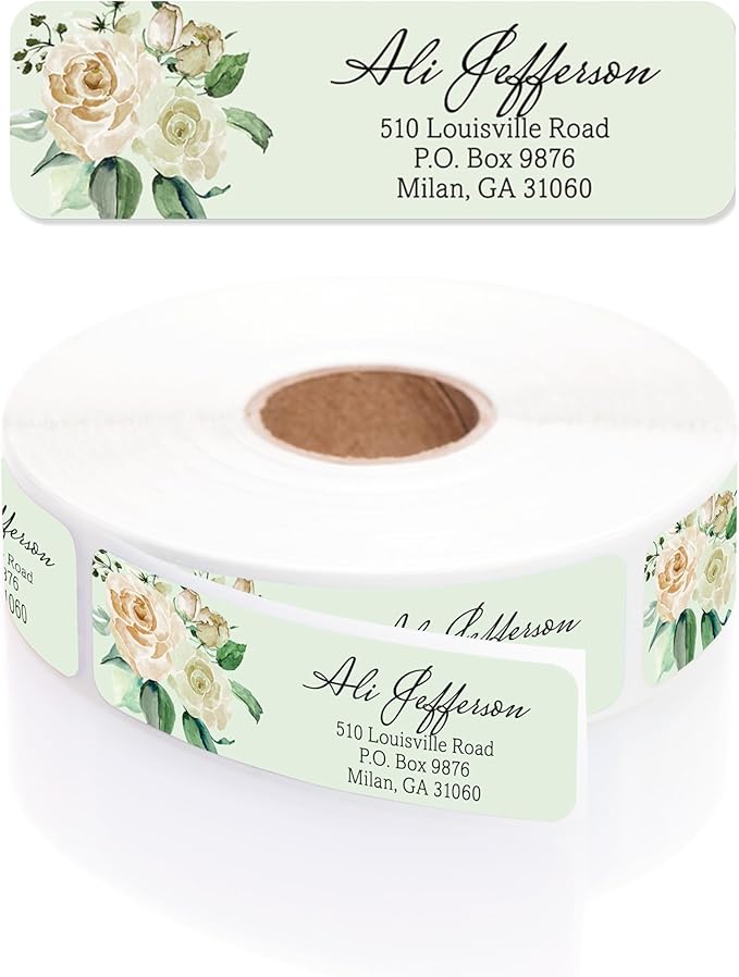 Green Watercolor Floral Rolled Address Labels / 500 Personalized Return Address Labels/Designer Address Stickers in Elegant Plastic Dispenser