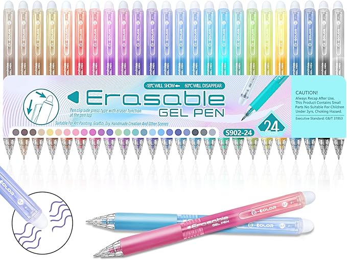 Erasable Gel Pen 24 Colors, Retractable Clicker 0.7mm Fine Point, Assorted Colors Inks, Make Mistakes Disappear, Erasable Gel Pens Perfect for Writing, Drawing & Planners