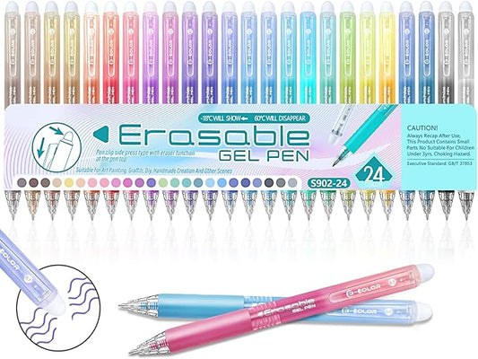 Erasable Gel Pen 24 Colors, Retractable Clicker 0.7mm Fine Point, Assorted Colors Inks, Make Mistakes Disappear, Erasable Gel Pens Perfect for Writing, Drawing & Planners