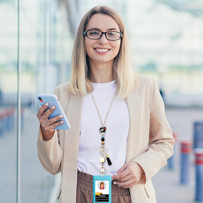 Colorful ID Badge Holder with Silicone Beads Lanyard Set,Cute Teacher Breakaway Lanyard for Keys & Keychain with Cute Retractable Badge Reel Holder,Gift for Women,Nurse, Teacher. (C)