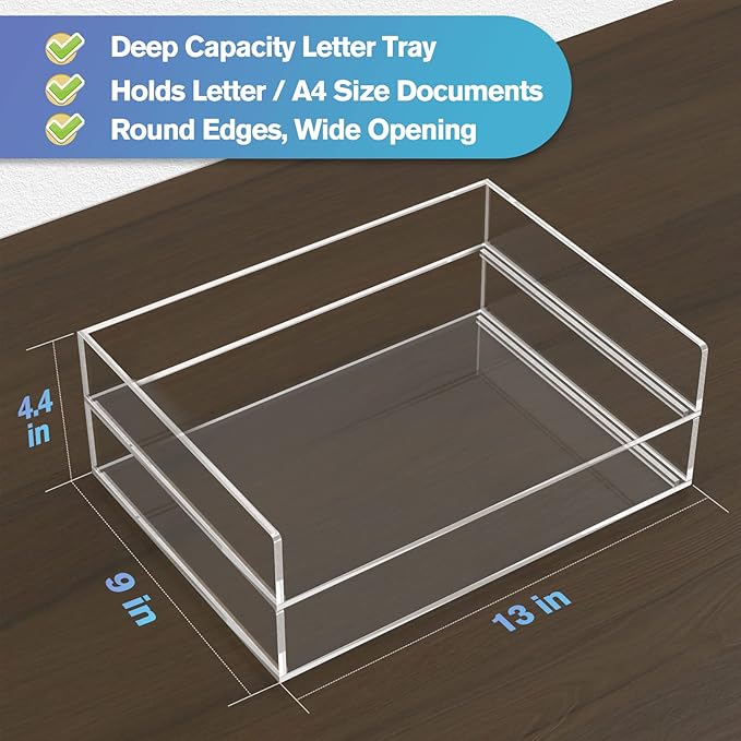 MaxGear 2-Tier Acrylic Letter Tray, Stackable Desk Paper Organizer, Clear File & Document Tray with Pull-Out, Acrylic Desk Organizer for Papers, Folders & Office Accessories
