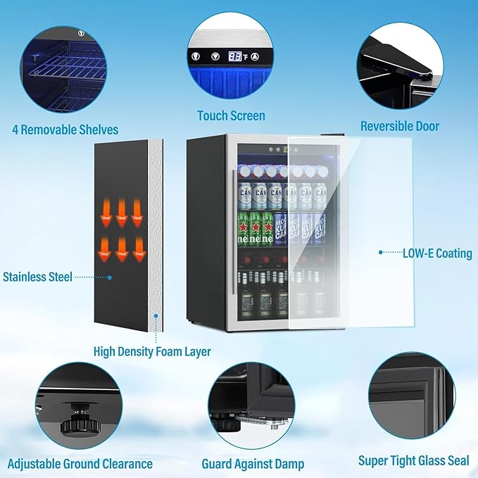 Compact Freestanding Beverage Refrigerator,145 Can/4.5 Cubic Feet Mini Fridge with Reversible Glass Front Door for Soda, Beer or Wine, Under Counter Drink Dispenser with Adjustable Shelves