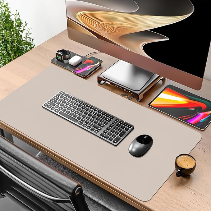 Leather Desk Mat, 31.5"×15.7" Desk Matt for Desktop, Waterproof Keyboard Pad, Computer Mats for Desktop, Large Mouse Pad, Non-Slip Computer Mat for Office Home - Cream Powder