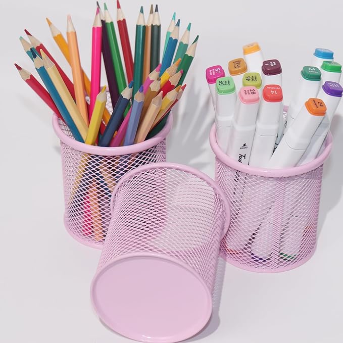 Pen Holder Mesh Pencil Holder Metal Pen Holder Cup Pencil Cup Holder for Desk Office Pen Organizer PINK, 4 Pack