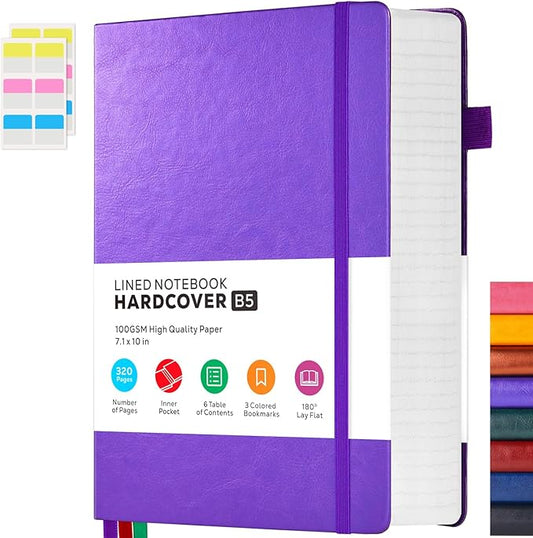 Lined Journal Notebook, 320 pages B5 College Ruled Notebook Journal for Writing Women and Men, Hardcover Leather Journal Notebook for School Office Work, 7.1'' X 10'', Pearlescent Purple Notebook