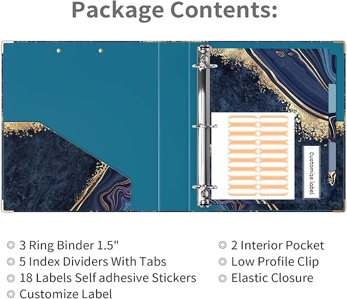 Ospelelf 3 Ring Binder, 1.5 Inch, Letter Size (11" x 8.5") with 5 Tab Dividers, File Folder Labels and Low Profile Clipboards, Blue Marble Binder for School and Office Supplies