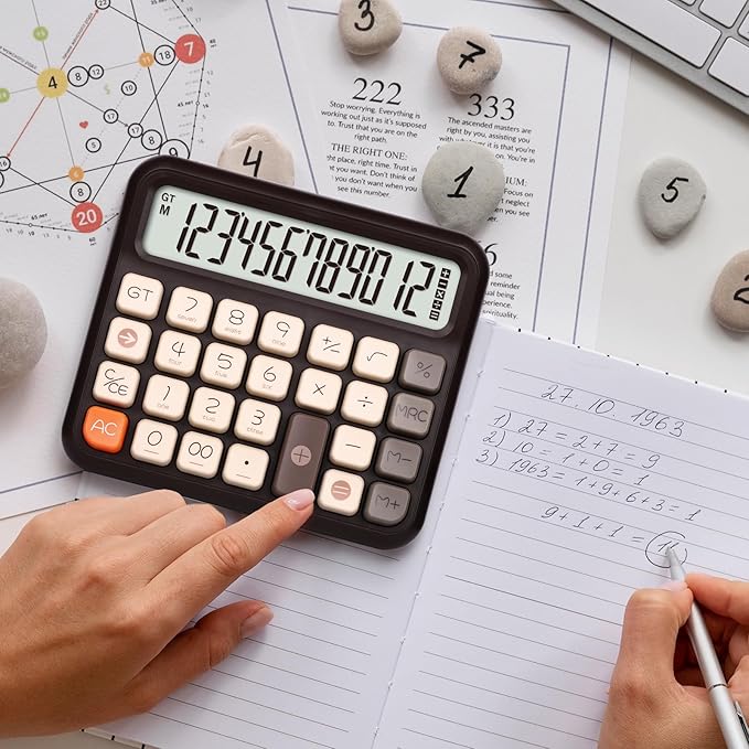 Pendancy Desk Calculator 12 Digit, Retro Cute Basic Calculator with Extra Large LCD Display and Buttons, for Office, School, Home Use